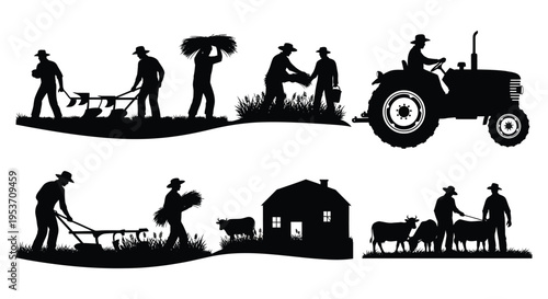 A black and white illustration depicts rural life with farmers livestock and machinery in silhouette high quality professional detailed modern elegant