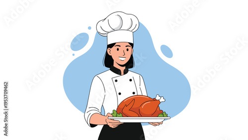 Smiling female chef in a white uniform and hat presenting a delicious golden roasted turkey on a platter for a festive dinner or holiday.