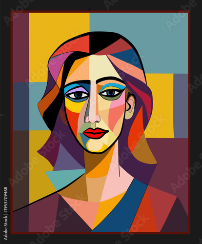 Colorful abstract background, cubism art style,red haired  woman