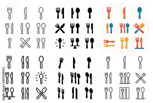 Dining icons with fork knife spoon simple outline
