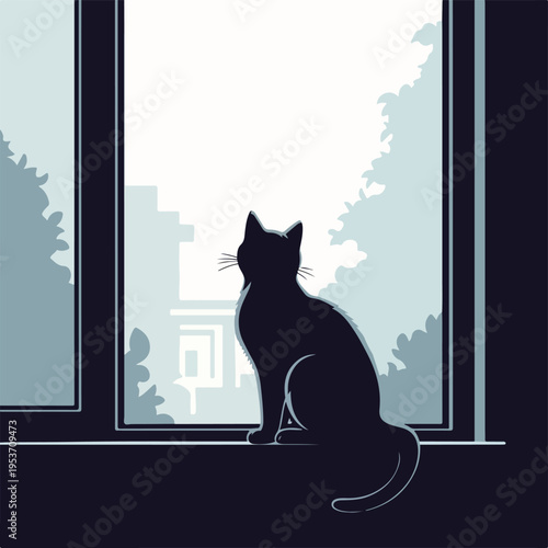 A silhouette of a cat sits on a window sill gazing outside