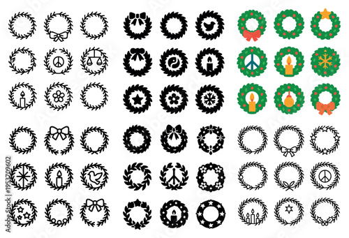 Holiday wreath icons with bows candles minimal