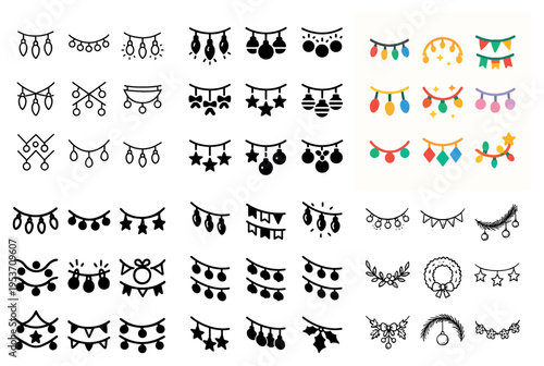 Party icons with bunting garlands and wreaths colorful