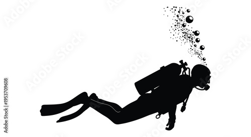 A black silhouette of a scuba diver descends underwater surrounded by bubbles creating a striking visual silhouette high quality professional detailed
