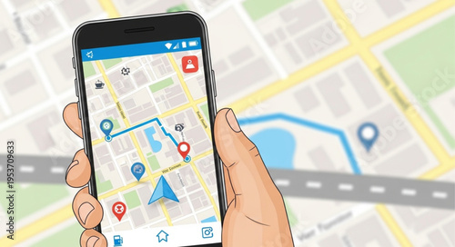 Hand Holding Smartphone Displaying Navigation App with Route.