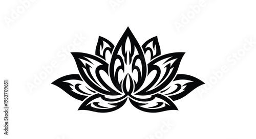 A striking black floral design depicting a blooming lotus flower with intricate details presented as a silhouette high quality professional detailed