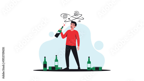 Drunk man feeling dizzy and unsteady while holding a bottle of wine and surrounded by several empty glass bottles on the floor.