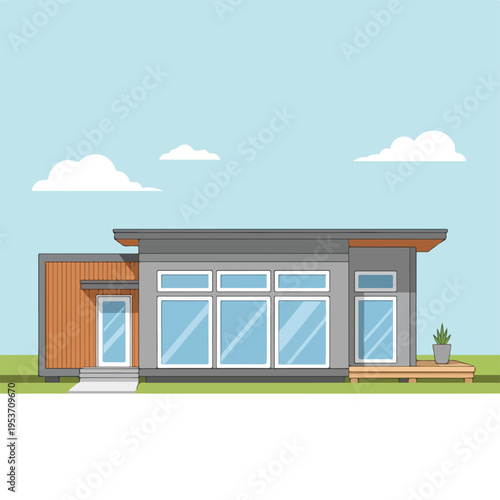 A modern, minimalist home design with a flat roof and large windows