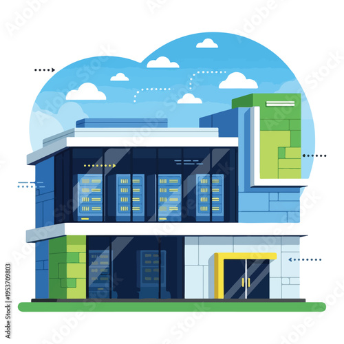 A modern, two-story server building with cloud graphics overhead
