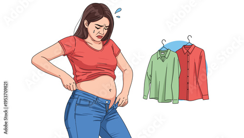 Frustrated woman struggling to zip up her tight blue jeans while standing in front of several other clothing items on hangers.
