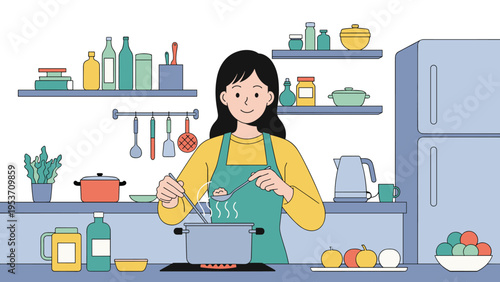 Cheerful woman wearing an apron while cooking a healthy meal in a clean and organized kitchen with various ingredients and tools.