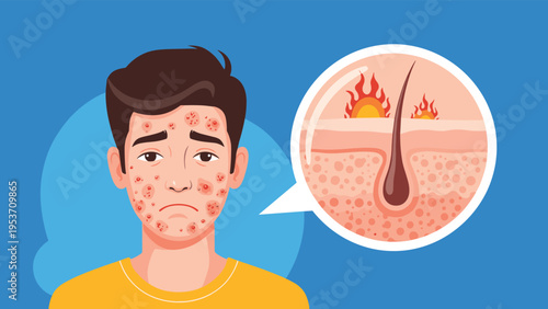 Worried man with red acne spots on his face standing next to a magnified diagram of an inflamed and burning hair follicle.