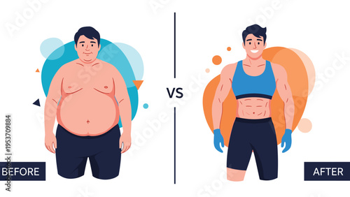Comparison illustration showing a man before and after a significant weight loss and muscle building transformation journey.