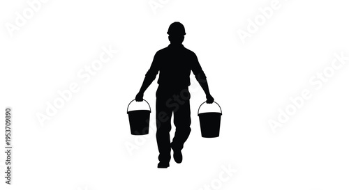 A black silhouette of a worker carrying two buckets walking forward against a plain white background silhouette high quality professional detailed