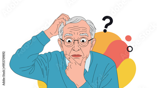Elderly man with glasses looking very confused and scratching his head while a question mark appears in the background.