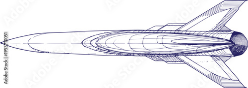 Hand-drawn Ballistic and Hypersonic Missile Line Art Illustration, Technical Military Weapon Sketch