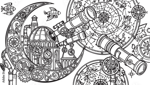 Intricate Steampunk Celestial Observatory Detailed Astrological Charts, Telescopes, and Fantasy Gears for Cosmic Exploration Artwork