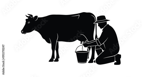 A farmer is milking a cow in a black and white depiction emphasizing rural life and agriculture silhouette high quality professional