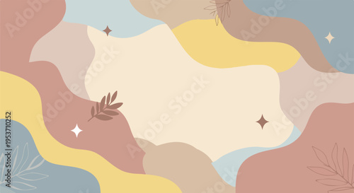 A pastel-colored abstract design with organic shapes and floral elements