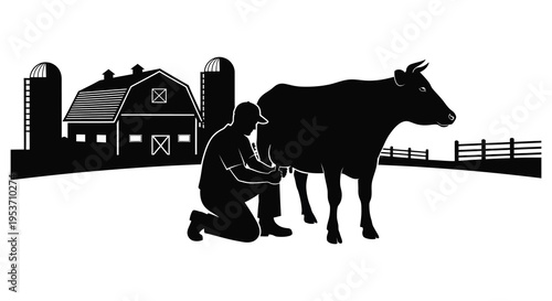 A farmer milks a cow in front of a barn and silos depicted in a striking black silhouette high quality professional