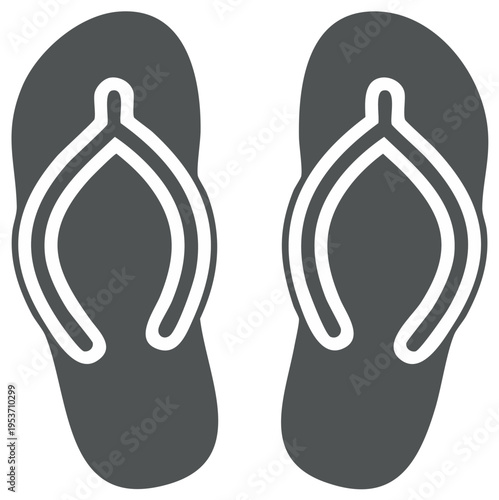 Simple dark gray flip flops with white outline on a plain background icon for summer footwear