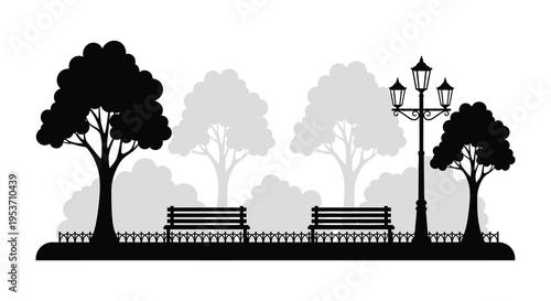 A park scene with trees benches and a lamppost depicted in a stark black silhouette high quality professional detailed modern elegant