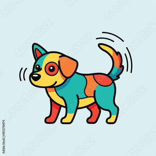A smiling colorful dog illustration with moving ears and tail, on light blue