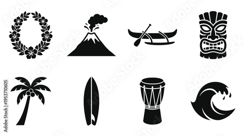 Polynesian & Pacific Island Culture Vector Icon Set – Vibrant Vectors Featuring Leis, Volcanoes, Canoes, Tiki Masks, Palms, Surfboards, Drums, and Ocean Waves