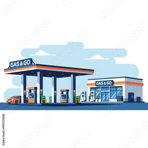 A stylized illustration of a gas station with a convenience store