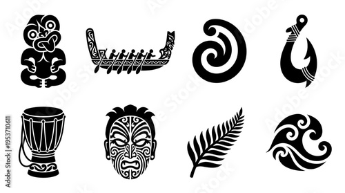 Māori & Polynesian Tribal Vector Icon Set – Striking Vectors Featuring Tiki Figures, Waka Canoes, Koru Spirals, Hei Matau Hooks, Ferns, Waves, and Drums