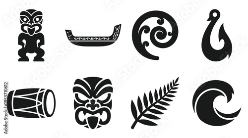 Māori & Polynesian Tribal Vector Icon Set – Striking Vectors Featuring Tiki Figures, Waka Canoes, Koru Spirals, Hei Matau Hooks, Ferns, Waves, and Drums