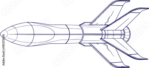 Hand-drawn Ballistic and Hypersonic Missile Line Art Illustration, Technical Military Weapon Sketch