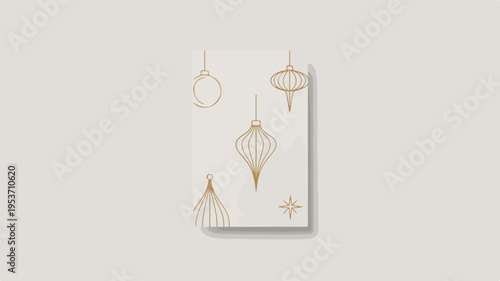Golden lanterns hang on a white canvas in a minimalist setting with soft lighting and a plain background