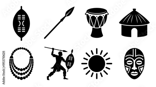 African Tribal Warrior Culture Vector Icon Set – Striking Vectors Featuring Shields, Spears, Drums, Huts, Necklaces, Warriors, Sun Symbols, and Masks