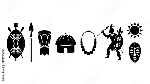 African Tribal Warrior Culture Vector Icon Set – Striking Vectors Featuring Shields, Spears, Drums, Huts, Necklaces, Warriors, Sun Symbols, and Masks
