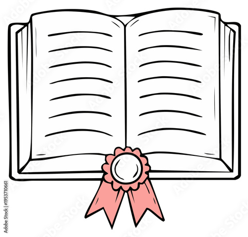 Open Book Illustration with Ribbon Marker, Study Resource, Education, Knowledge, Literacy, Learning and Reading