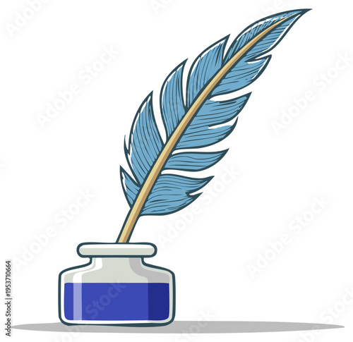 Feather Quill Pen in Inkwell Illustration Writing Instrument Concept