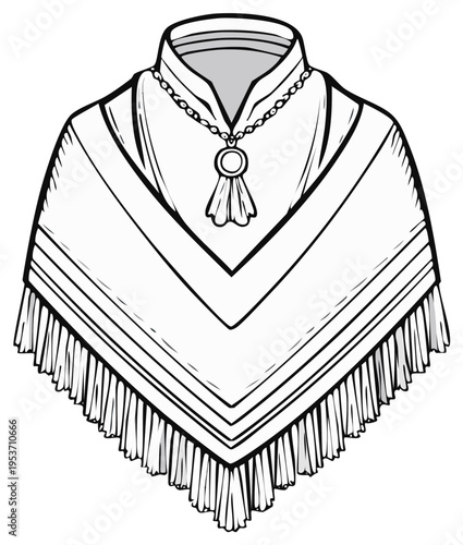 Traditional poncho with collar, fringe, and a decorative medallion necklace outline illustration