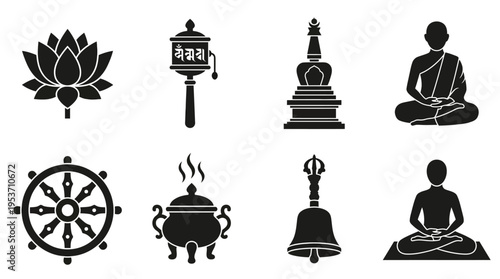 Buddhist Culture & Meditation Vector Icon Set – Tranquil Vectors Featuring Lotuses, Prayer Wheels, Stupas, Monks, Dharma Wheels, Incense Burners, Bells, and Meditation Poses