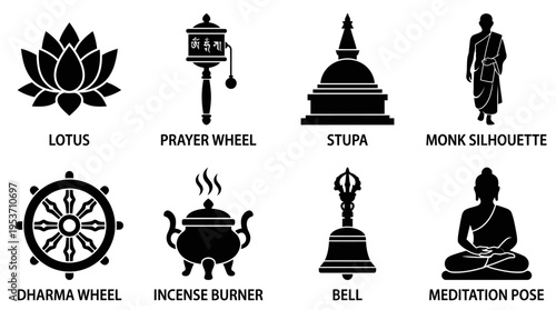 Buddhist Culture & Meditation Vector Icon Set – Tranquil Vectors Featuring Lotuses, Prayer Wheels, Stupas, Monks, Dharma Wheels, Incense Burners, Bells, and Meditation Poses