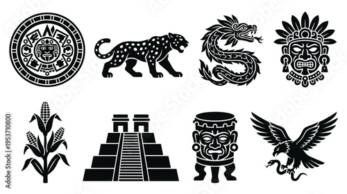 Mesoamerican Culture & Mythology Vector Icon Set – Bold Vectors Featuring Calendars, Jaguars, Serpents, Masks, Temples, Corn, Drums, and Eagles