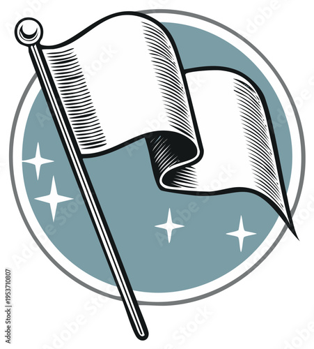 Vintage Engraved Style White Flag Waving in Circle with Stars