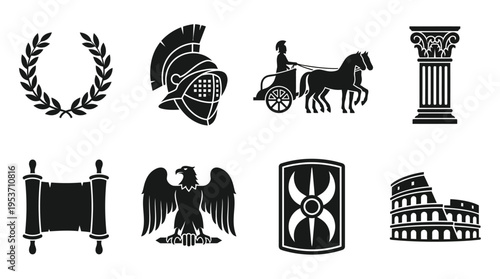 Ancient Roman Culture & Empire Vector Icon Set – Regal Vectors Featuring Laurel Wreaths, Helmets, Chariots, Scrolls, Columns, Shields, Eagles, and Colosseums