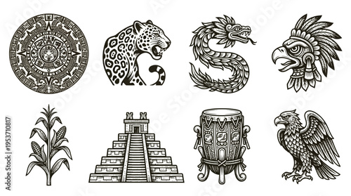 Mesoamerican Culture & Mythology Vector Icon Set – Bold Vectors Featuring Calendars, Jaguars, Serpents, Masks, Temples, Corn, Drums, and Eagles