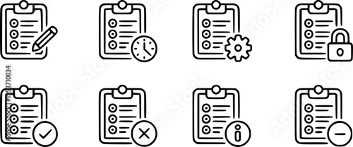 Checklist with pencil clock gear lock check cross info minus symbols task document