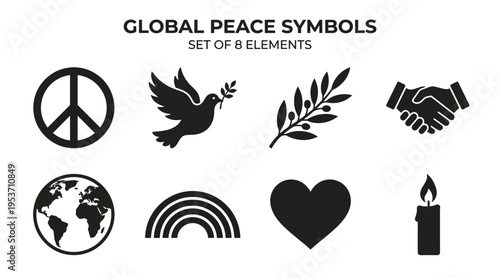 Peace & Unity Symbolism Vector Icon Set – Uplifting Vectors Featuring Peace Signs, Doves, Olive Branches, Handshakes, Globes, Rainbows, Hearts, and Candles