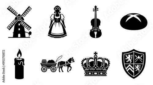 European Folk Culture & Village Life Vector Icon Set – Whimsical Vectors Featuring Windmills, Dirndls, Violins, Bread Loaves, Candles, Crowns, Shields, and Horse Carts