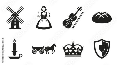European Folk Culture & Village Life Vector Icon Set – Whimsical Vectors Featuring Windmills, Dirndls, Violins, Bread Loaves, Candles, Crowns, Shields, and Horse Carts