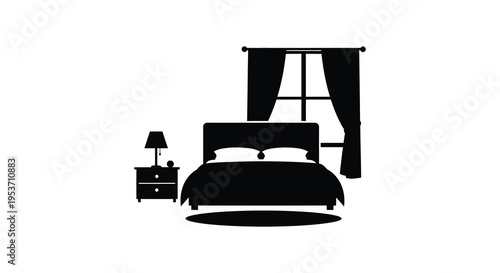 A minimalist bedroom interior is depicted in stark black showcasing a bed nightstand and window silhouette high quality professional detailed modern