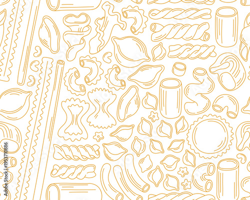 Seamless pattern with different types of pasta on a white background. Outline illustrations of italian pasta of different shapes, dry macaroni. Pattern for menu, Italian cuisine restaurant.